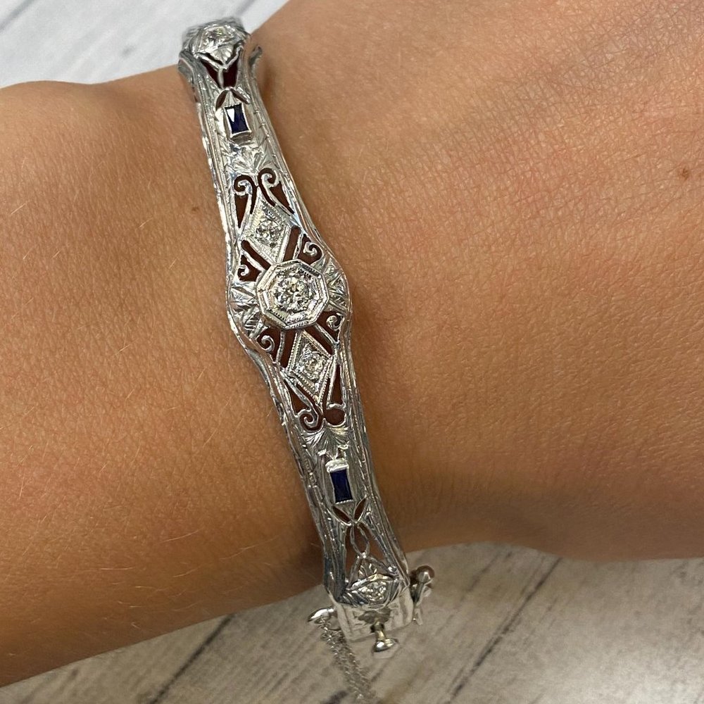 Diamond 0.15ctw & Blue Sapphire 0.05ctw Filigree Ladies Bracelet 14K White Gold